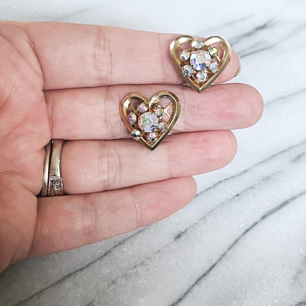 Aurora Borealis Heart Earrings | Vintage AB Crystal Clip On‎ Dangle
